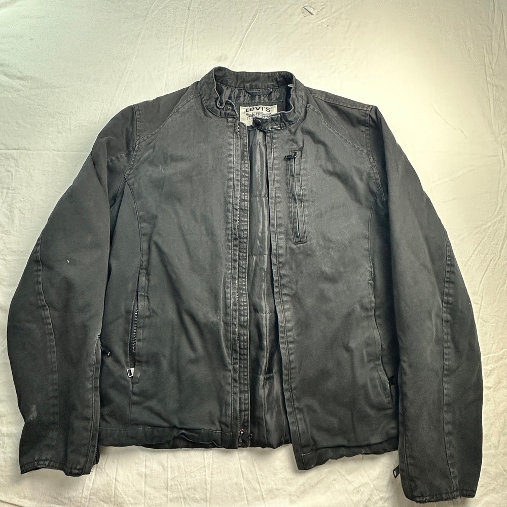 Levis Mens Cafe Racer Jacket Black Cotton Canvas Full Zip Moto Coat Size M